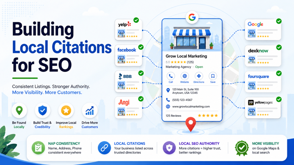 Building local citations for SEO feature image showing consistent business listings across Google, Yelp, Facebook, BBB, Angi, Foursquare, and Yellow Pages with NAP consistency, trust signals, local SEO authority, reviews, and Google Maps visibility.