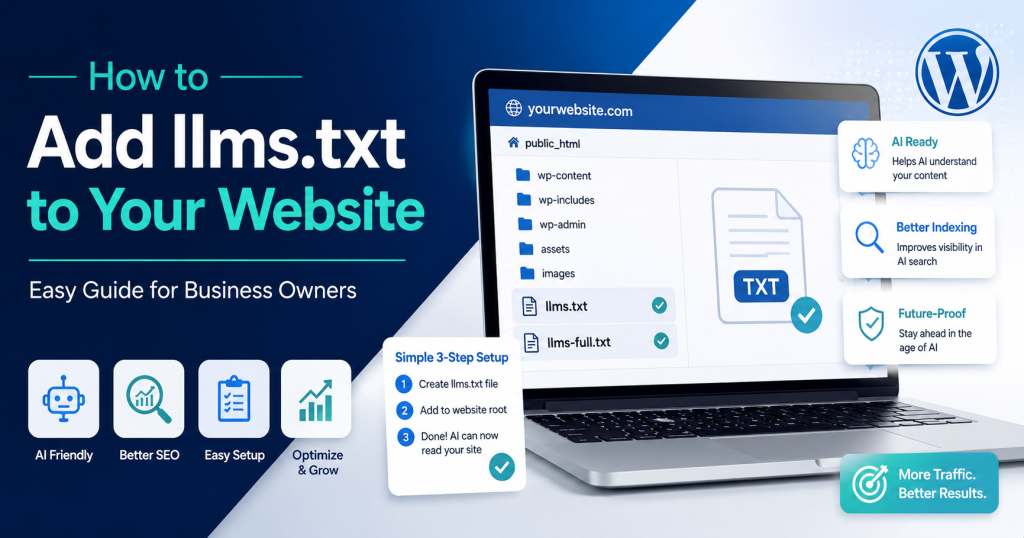 WordPress file manager showing llms.txt and llms-full.txt setup for AI visibility and website optimization.