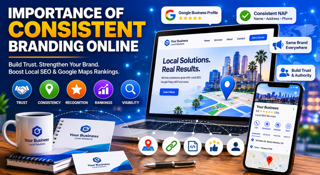 Consistent branding online feature image showing a laptop website, Google Business Profile listing, local SEO icons, NAP consistency, reviews, citations, schema markup, trust, visibility, and Google Maps ranking elements.