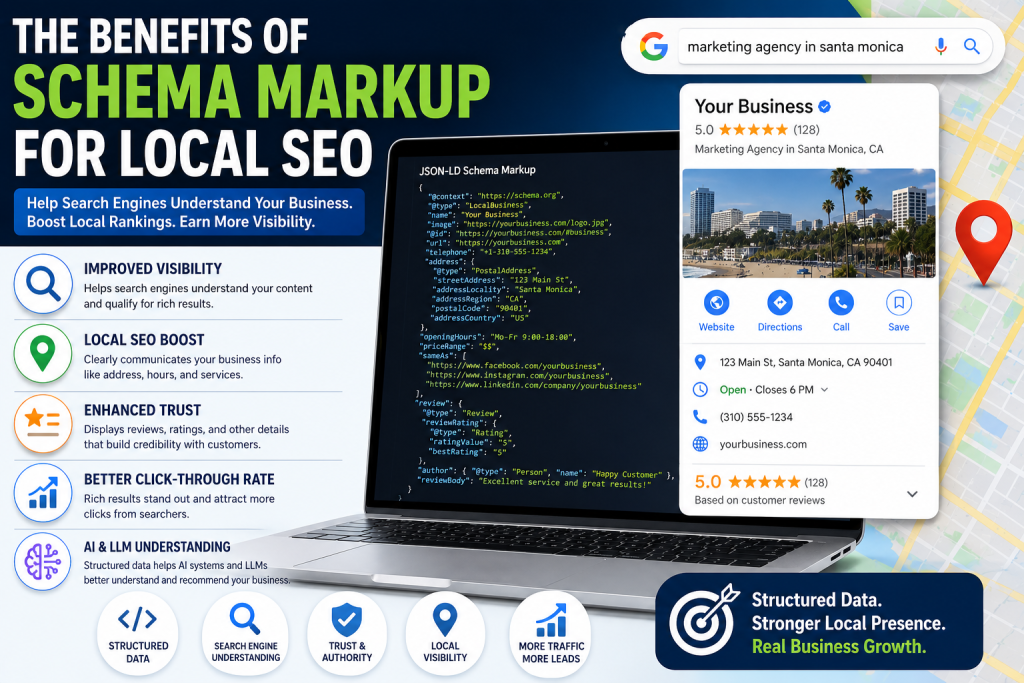 Schema markup for local SEO feature image showing structured data code, a Google Business Profile listing, map pin, reviews, local business details, improved visibility, trust, and AI search understanding.