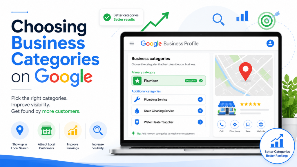 Choosing business categories on Google feature image showing a Google Business Profile category selection screen, primary and additional business categories, local map listing, reviews, ranking growth icons, and improved local SEO visibility.