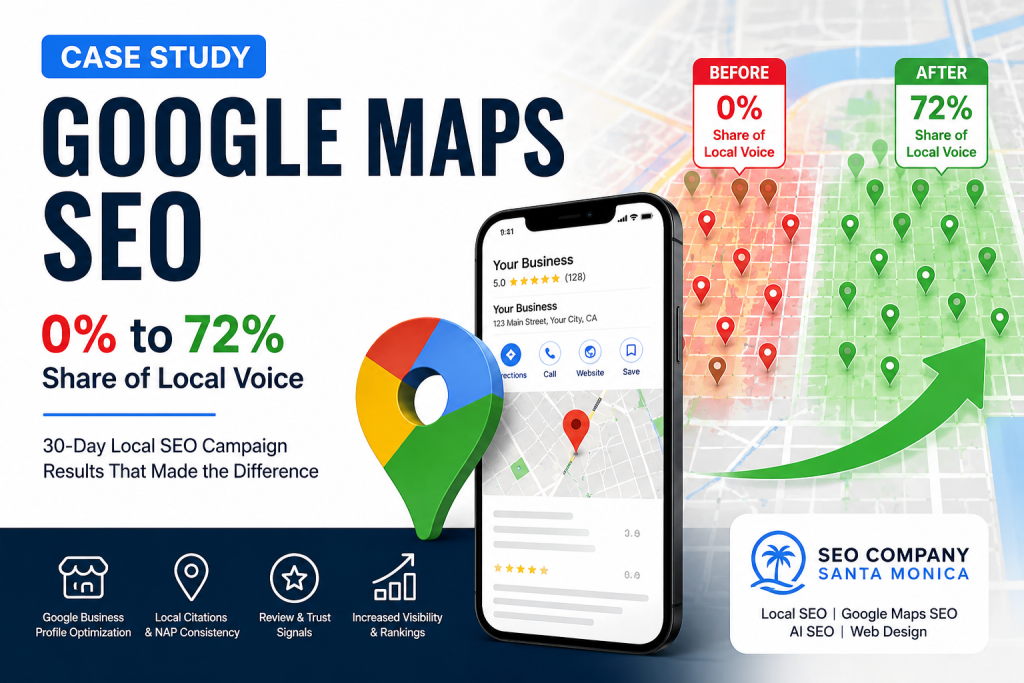 Google Maps SEO case study showing local visibility growth from 0% to 72% Share of Local Voice