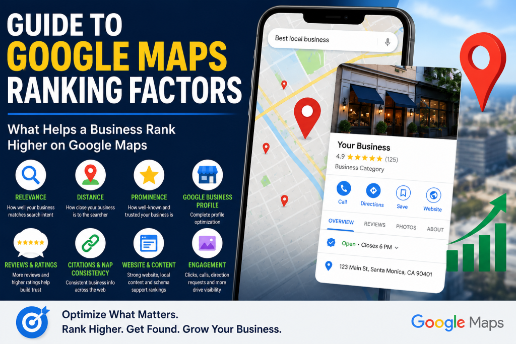 Guide to Google Maps ranking factors feature image showing a Google Business Profile listing, map pins, reviews, citations, relevance, distance, prominence, and local SEO visibility icons.
