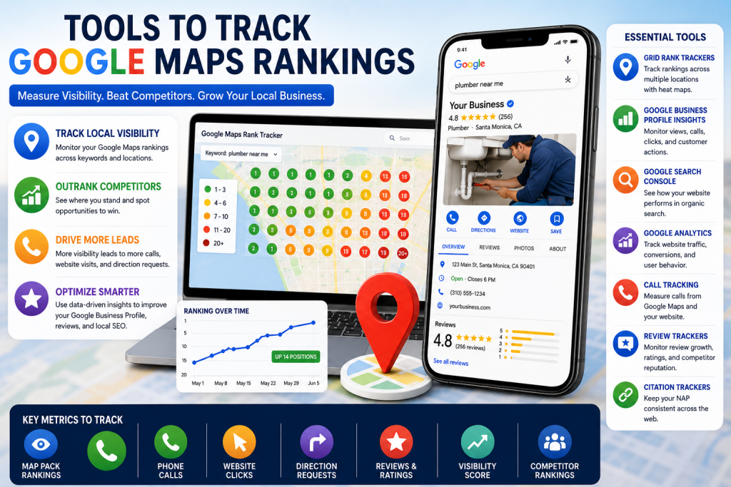 Tools to track Google Maps rankings feature image showing a local rank tracking dashboard, Google Business Profile listing, grid map rankings, review tracking, call tracking, search console, analytics, citations, competitor rankings, and local SEO performance metrics.
