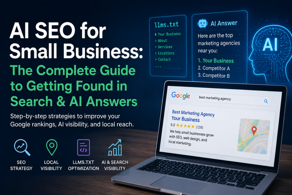 AI SEO and traditional SEO graphic showing search results, llms.txt, local visibility, and AI-powered business discovery.